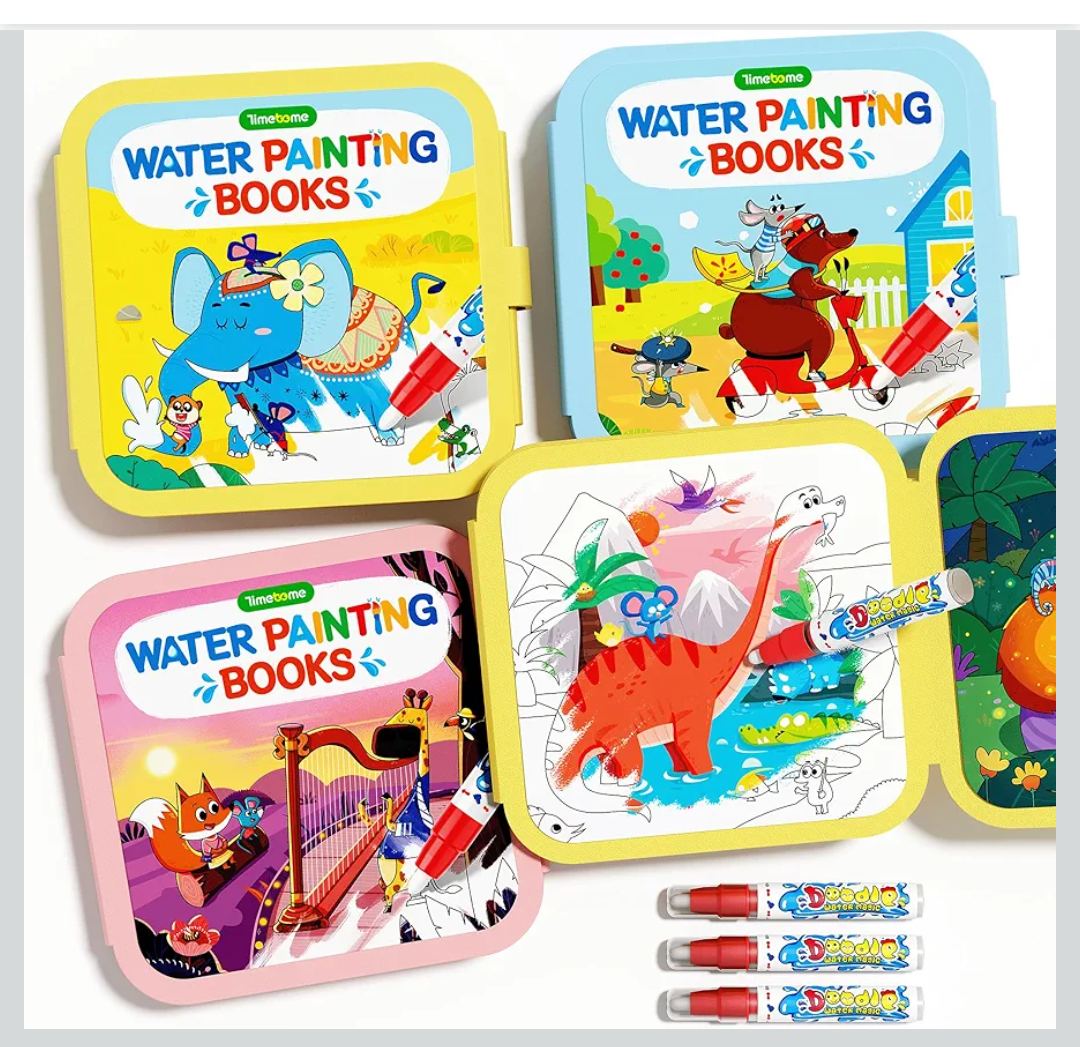 Timetome Reusable Water Painting Books for Kids – 3-Pack Magic Water Reveal Coloring Books with Water Pens (Fairy Tale, Animal & Dinosaur) No-Mess Coloring & Reusable Fun Travel Activity for Ages 3–6