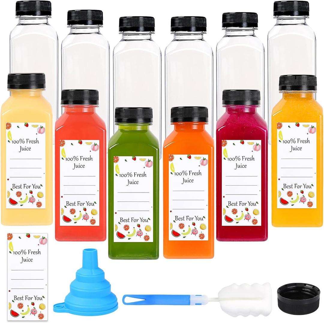 12 Pack Plastic Juice Bottles Empty Bottles with Caps Reusable Juice Containers with Leak-Proof Lids Black, Clear Bottles for Juicing, Milk, Smoothie, Drinking, and Beverages Christmas Gifts (12 OZ)