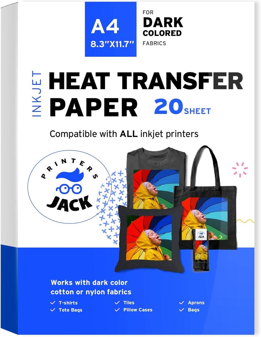 Printers Jack Iron-On Heat Transfer Paper for Dark Fabric 20 Sheet 8.3x11.7" T-Shirt Transfer Paper for Inkjet Printer Wash Durable, Long Lasting Transfer, No Cracking