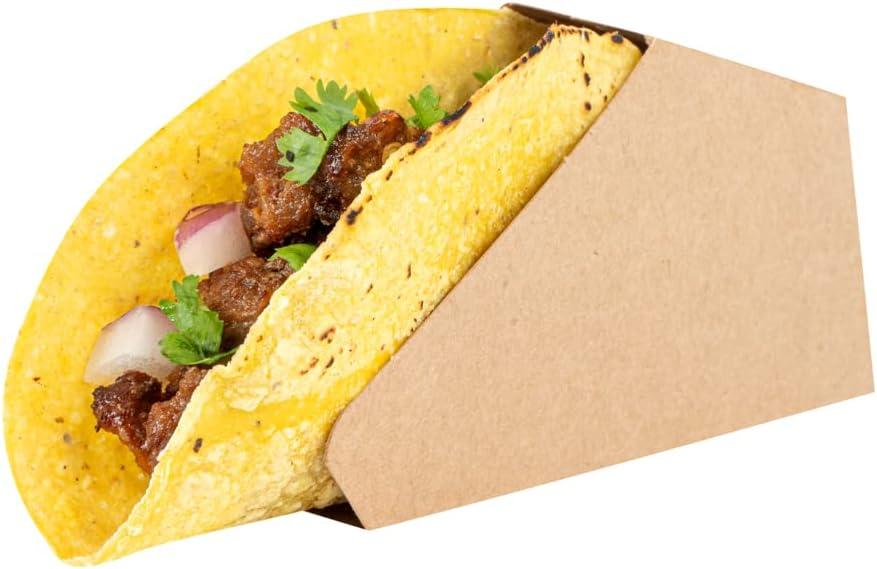 Restaurantware Bio Tek 4 x 1.25 x 2.25 Inch Single Taco Holder 200 Greaseproof Stand Up Taco Holder - Small Self-Standing Kraft Paper Paper Taco Holder Freezable