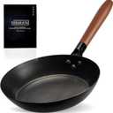 YOSUKATA 10 1/4" Carbon Steel Frying Pan  Non-Toxic Pre-Seasoned Skillet with Removable Wooden Handle  Coating-Free Wok-Style Pan for Gas, Induction, Electric, Oven & Grill BBQ