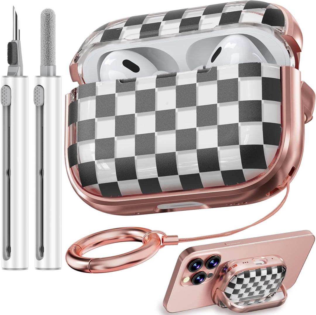 Inesore for AirPods Pro 2nd Generation Case Cover with Lock, Flowers Cute Clear AirPods Pro 2 Case Hard iPod Pro Cases for Women Girls with Cleaner Kit (2023 USB-C /2022/2019) -Checkerboard