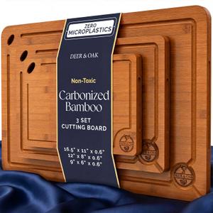 Pre-Oiled, Non Toxic 3-Piece Carbonized Bamboo Cutting Board Set, Eco-Friendly Wooden Chopping Boards for Kitchen with Hanging Hole, 500°F Carbonized Technology Charcuterie Serving Boards Deer & Oak, Large-3SET