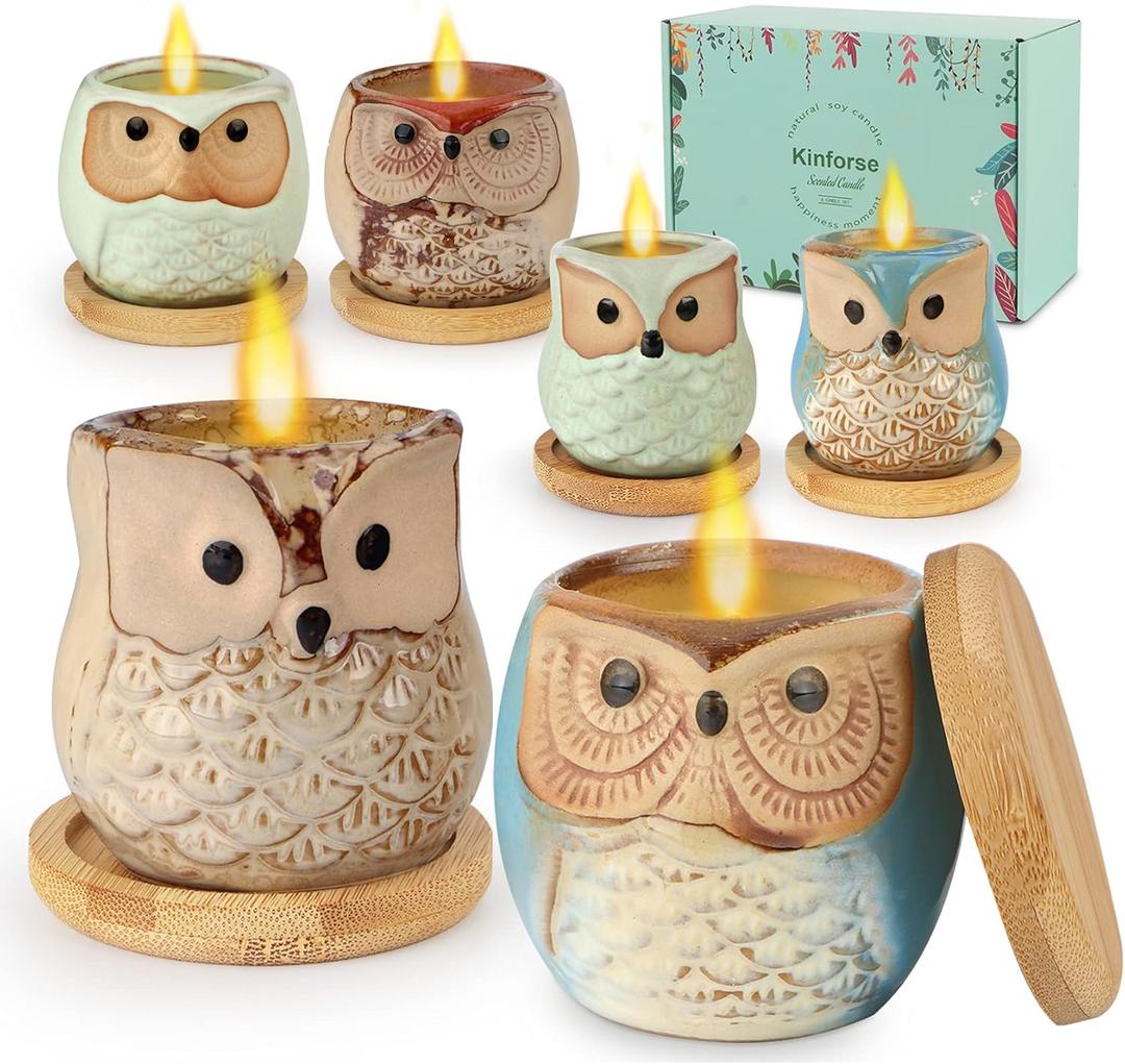 Kinforse Citronella Candles Outdoor Gift Ideas for Women, 6x3.5 Oz Novelty Owl Soy Candles for Gift Sets Women, Aromatherapy Candles Bulk for Garden, Porch, Outdoor Patio Dcor