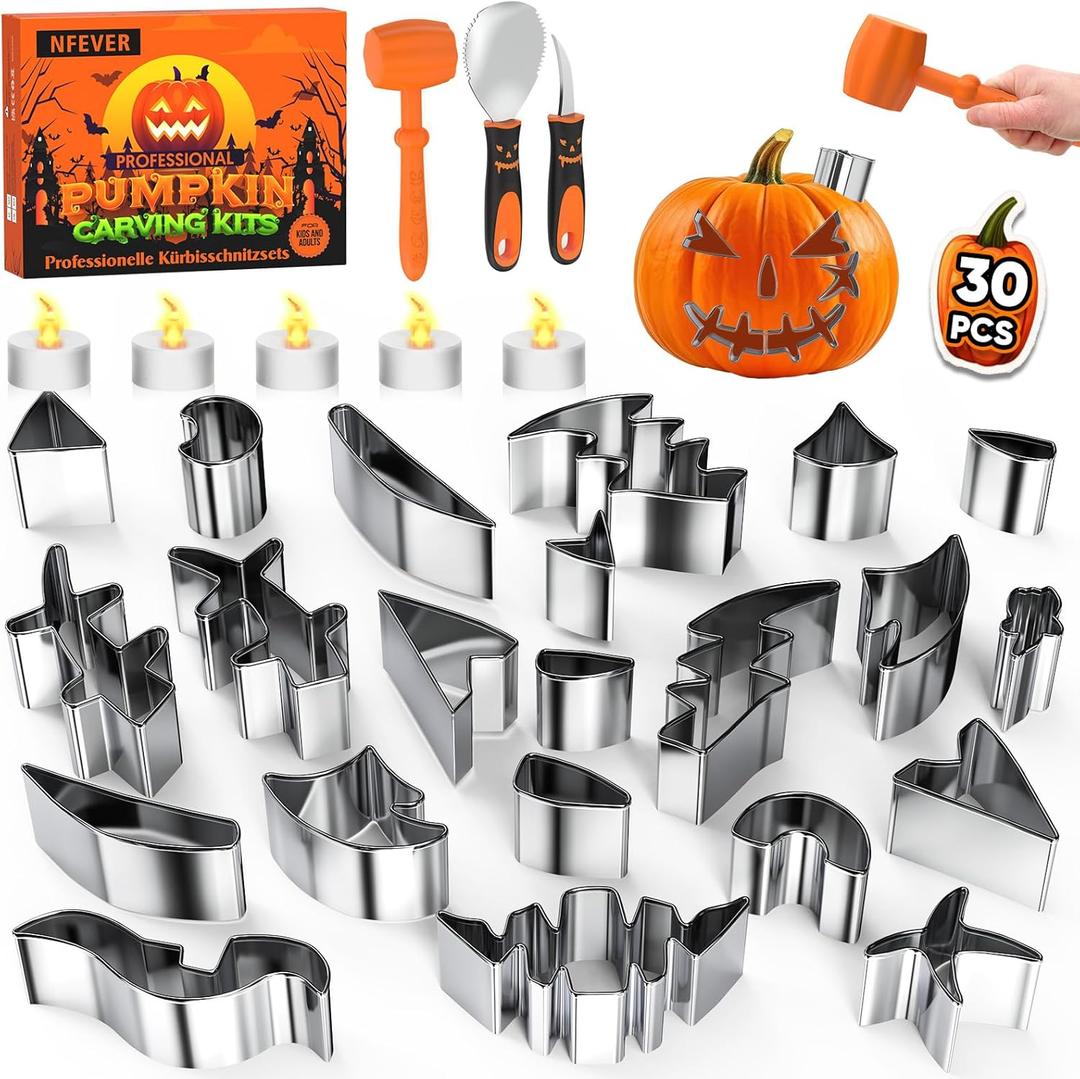 Pumpkin Carving Kit Tools: 30PCS Pumpkin Carving Tools Set includes 22 Stainless Steel Stencils & Hammer & Spoon & Carve Knife & Candles - 2025 Halloween Gifts for Kids Safe DIY Decorating Kit