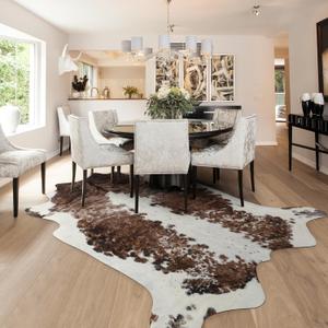 Exquisite Cowhide Rug, 4.6 x 5.2 ft Faux Cowhide for Living Room Bedroom, Cow Print Rug for Wall, Non-Slip, Camel White