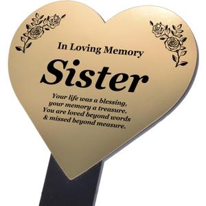 Sister Heart Shaped Memorial - Gold plaque mounted onto a black stake