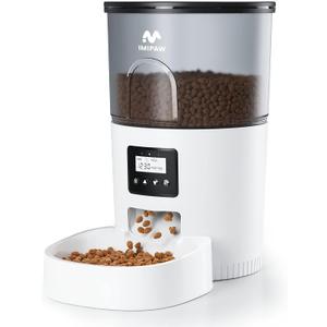 IMIPAW Automatic Cat Feeders, 3L Timed Cat Dry Food Dispenser with Desiccant Bags, Dual Power Supply, Programmable Portion Size, 6 Meals, 20 Portions Per Day, Auto Pet Feeder for Cats and Small Dogs (White)