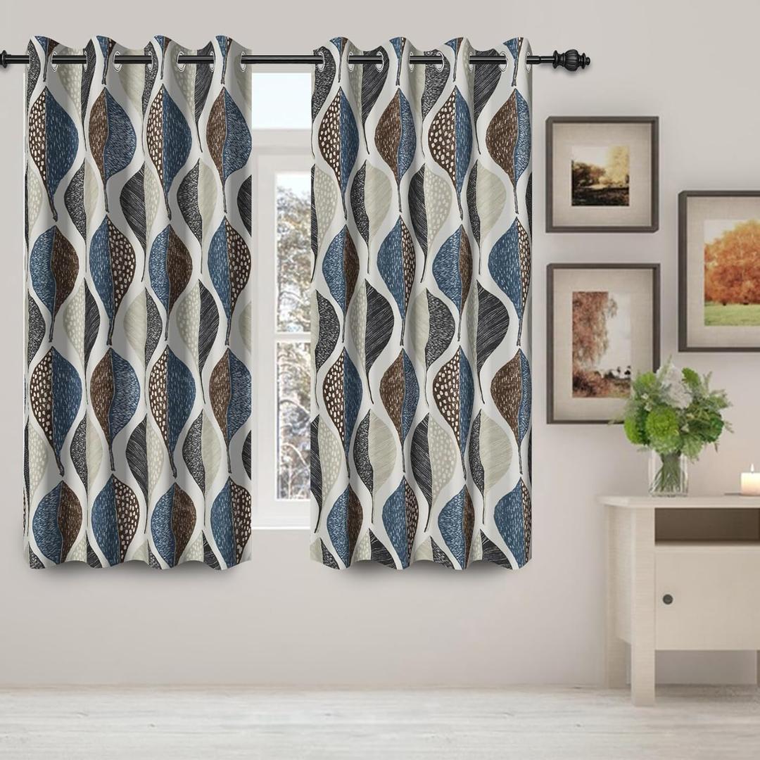 Ogee Print Blackout Curtains for Bedroom/Living Room,2 Panels Sets Window Curtain,Blue Brown Geometric Patterns Thermal Insulated Printed Curtains with Grommet,42" Wx63 L (9)