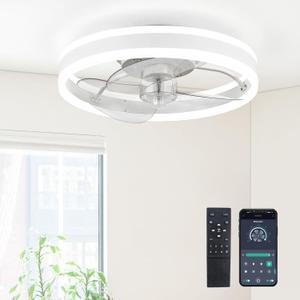Low Profile Ceiling Fans with Lights and Remote, 15.7'' Led Flush Mount Ceiling Fan, Stepless Dimmable Bladeless Small Ceiling Fans with Lights for Bedroom, Living Room and Kitchen - White