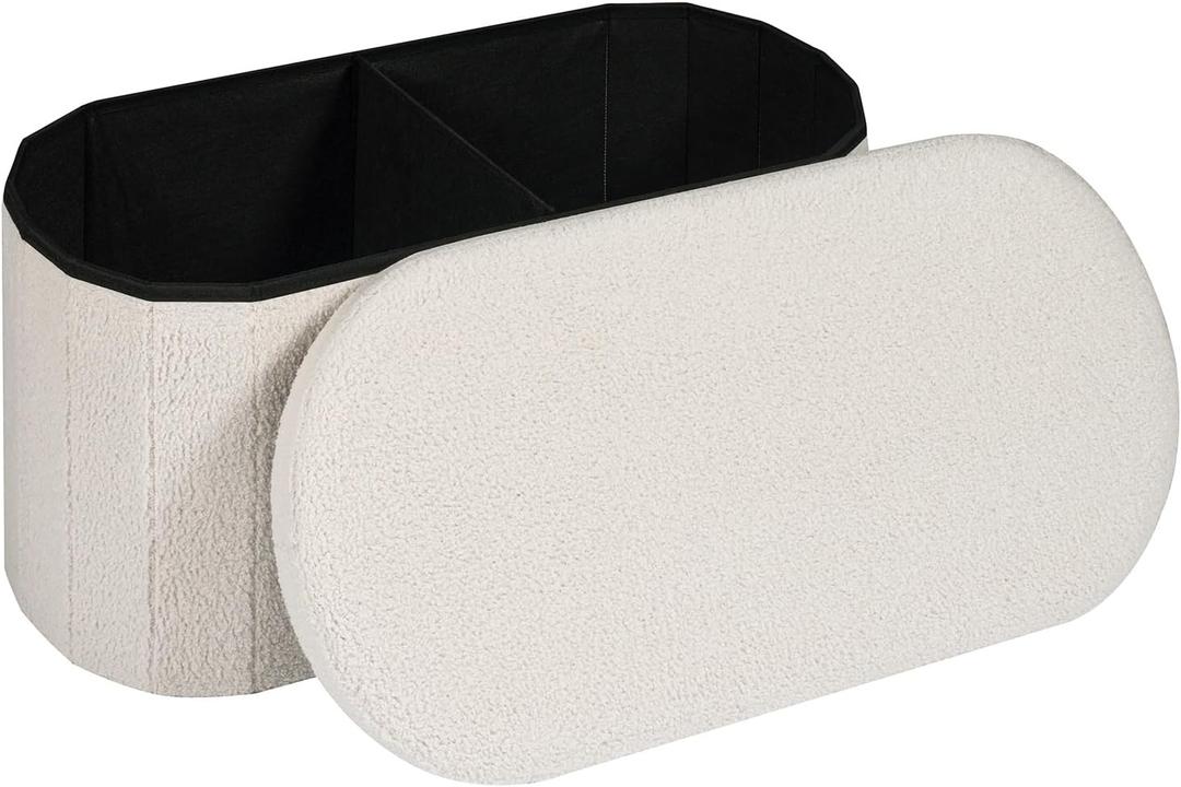 30" Oval Foldable Ottoman with Storage, Teddy Boucle Fabric Footrest, Storage Bench for Living Room, Bedroom, Entryway, Dorm, White, 30"D x 15"W x 15"H