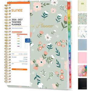 SUNEE Teacher Planner 2026-2027 Academic Year, Lite Lesson Planner Book with 7 Periods Jul 2026 - Jun 2027, 8.5"x11" Daily Weekly and Monthly Organizers, Plan Book with Pocket, Color Tabs, Wildflower