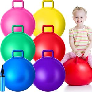 Lewtemi 6 Pcs Hopper Ball Carnival Outdoor Games 18 Inch Jumping Hopping Inflatable Bouncing Ball with Handle and Air Pump for Kids Sport Exercise (Red, Blue, Green, Pink, Yellow, Purple)