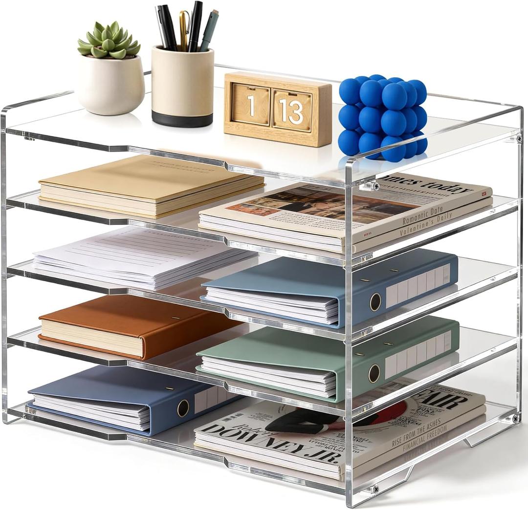 Leffis 5 Tier Acrylic Desk Paper Organizer, Clear Desk Organizer and Accessories Letter Tray for Papers, Documents, File Office Home Classroom Organization