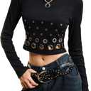 WDIRARA Women's Grommet Eyelet T Shirts Crew Neck Long Sleeve Knit Tee Grunge Punk Crop Tops, XS