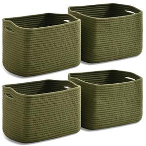 Dcerzxzci Small Storage Baskets for Organizing, Woven Storage Baskets for Shelves, Cotton Rope Basket for Storage, Cute Rectangular Book Toy Green Basket, 12.7"×9.1"×7.9", 4 Packs, Green