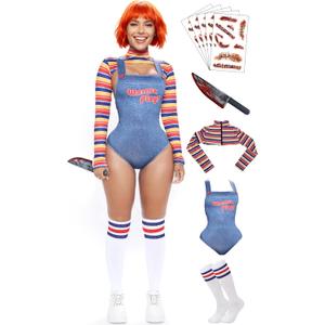 5 SizesHalloween Chucky Costume for Women Wanna Play Bolero Top Overall Bodysuit Knee-high Socks Scar Tattoos Prop Knife