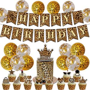 Cheetah Print Birthday Decorations for Girls 26 PCS Leopard Party Decorations with Happy Birthday Banner, Balloons, Cupcake Toppers, Cake Topper Party Supplies for Safari Jungle Theme