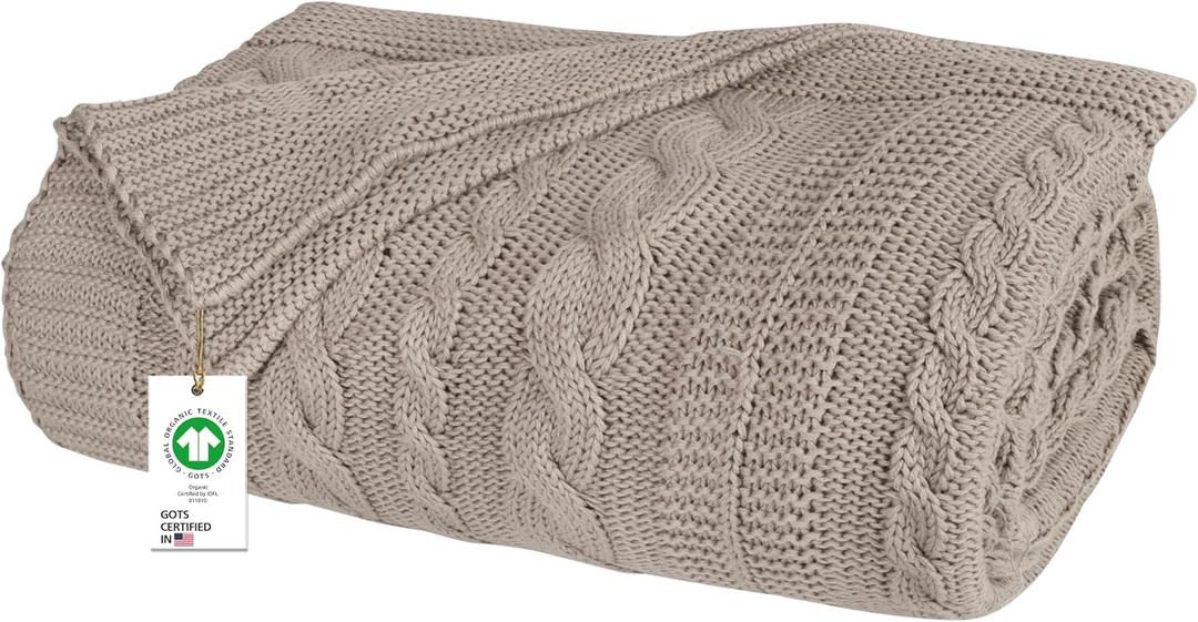 Delara Organic Cotton Throw Blanket 50x70 inches, GOTS Certified Cable Knitted Throws Blanket for Sofa Couch Bed, Baby Nursery, Lightweight Cozy Warm Decorative Blanket All Season Use (Light Grey)