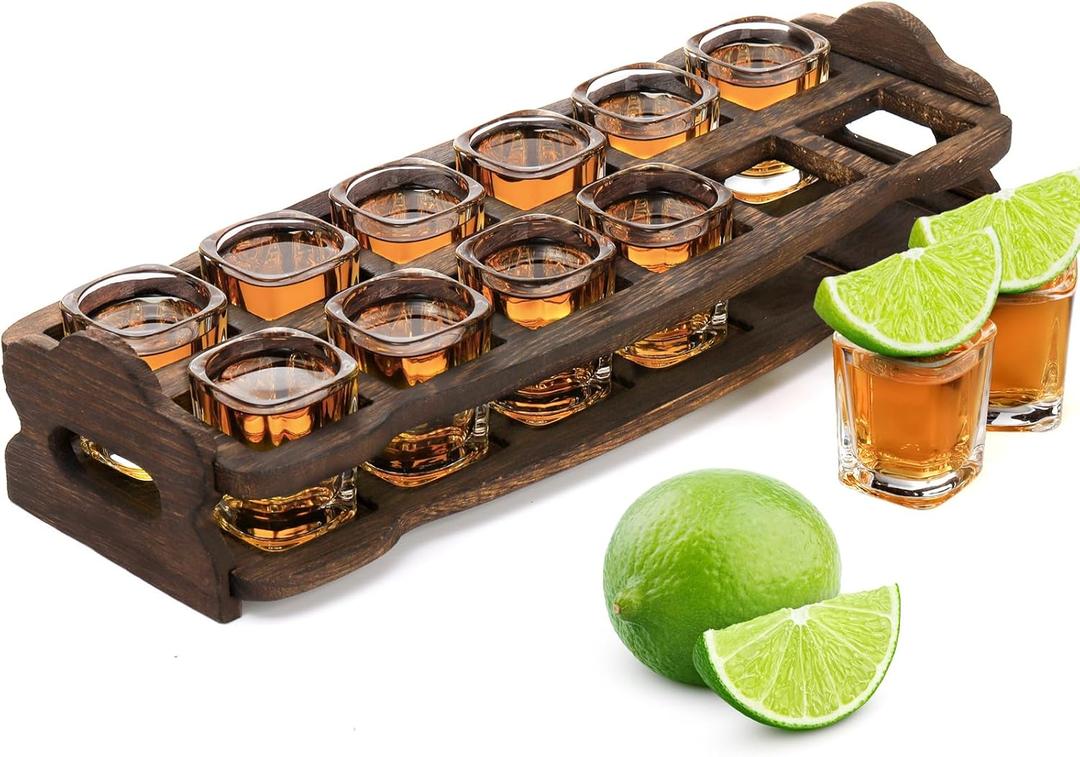 SOUJOY 12 Shot Glass Holder Set, 2oz Shot Glass with Wood Tray, Party Serving Holder for Bar, Pub, Party, Club Drinking (15.7''L x 6.3''W x 3.3''H)