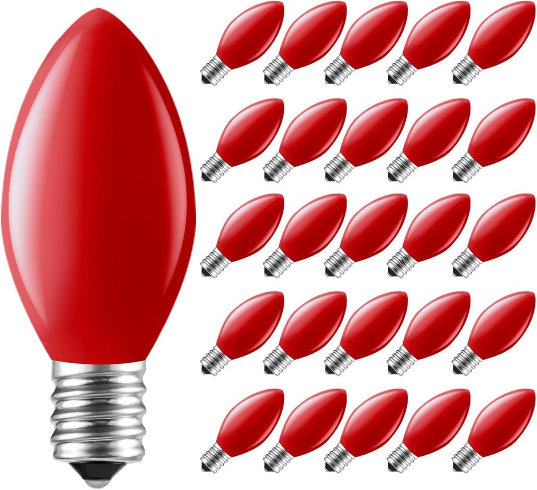 Minetom C7 Christmas Replacement Light Bulbs 50 Pack, C7 Bulbs Clear Incandescent Bulb for Christmas String Light, E12 Candelabra Base, 5 Watt, Red