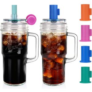 ANOTION Bamboo Mason Leakproof Mason Jar Cups with Lids and Straws, Cap Cup 24oz Glass Tumbler with Handle, Rotating Lid Silicone Straw, Reusable Iced Coffee Matcha Cup Coffee Gifts for Women 2pc