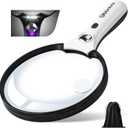 Large Magnifying Glass with Light, Magnifier 10X 20X 45X Handheld Illuminated Lighted Magnifier with 3 LED Lights 1UV Light Storage Bag Clean Cloth for Seniors Reading Inspection (Black)