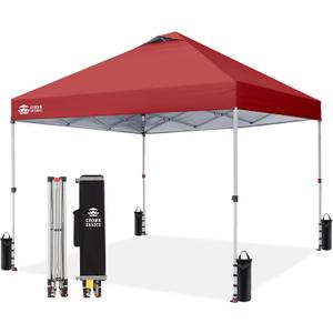CROWN SHADES 10x10 Pop Up Canopy - Beach Tent with One Push Setup - Easy Outdoor Sun Shade for Events, Parties, Camping - Gazebo with STO-N-Go Cover Bag, Silver Coated Top, Red