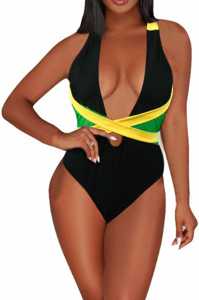 Women's One Piece Caribbean Flag Rasta Body Shaping Monokini Swimsuit Swimwear Bathing Suit (16-18, Black)