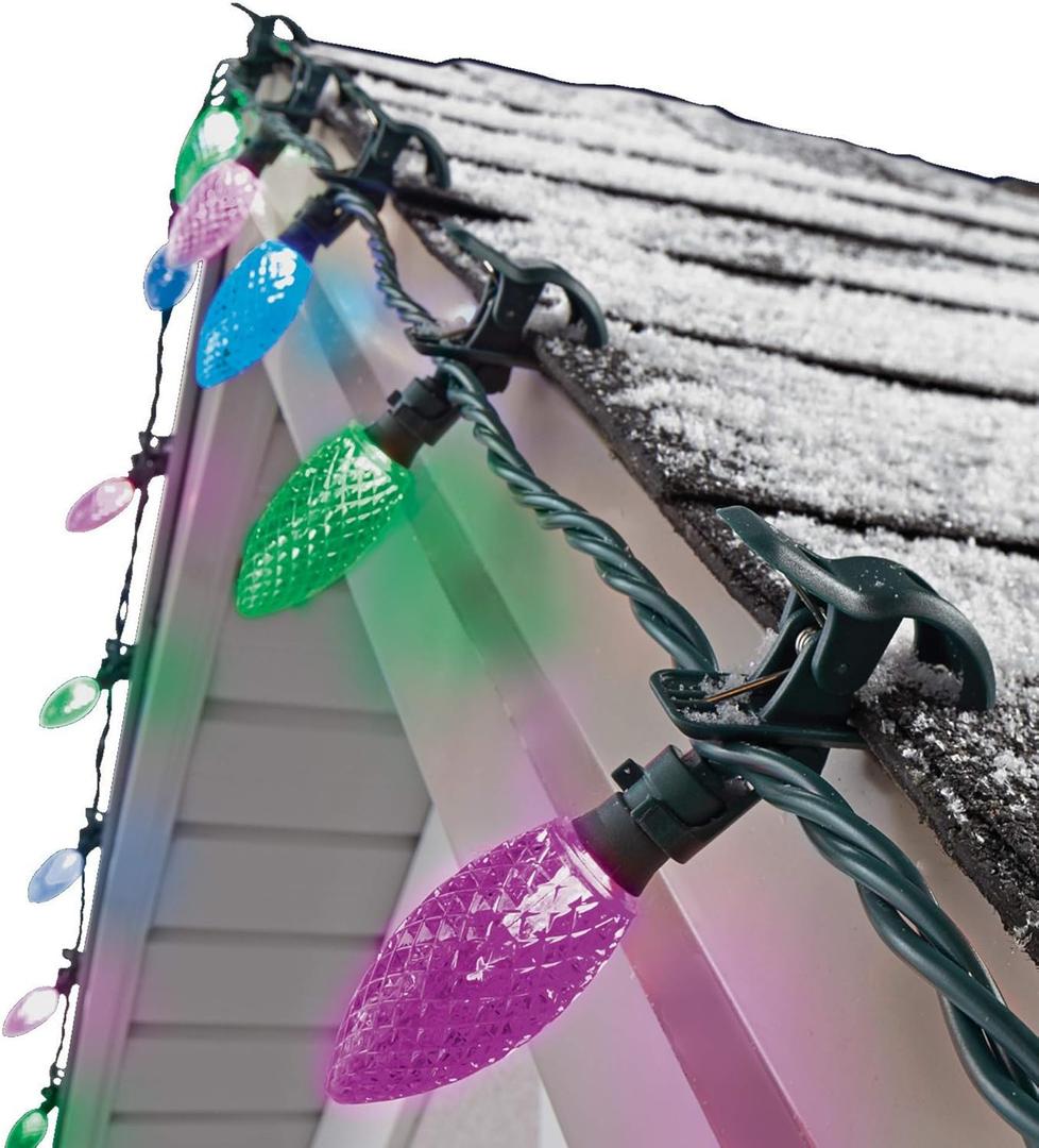 C9 LED Quick Clip Christmas Lights | Built-in Clip-One String Lights | 24 Purple, Blue, Green Bulbs | 16inch Foot Strand