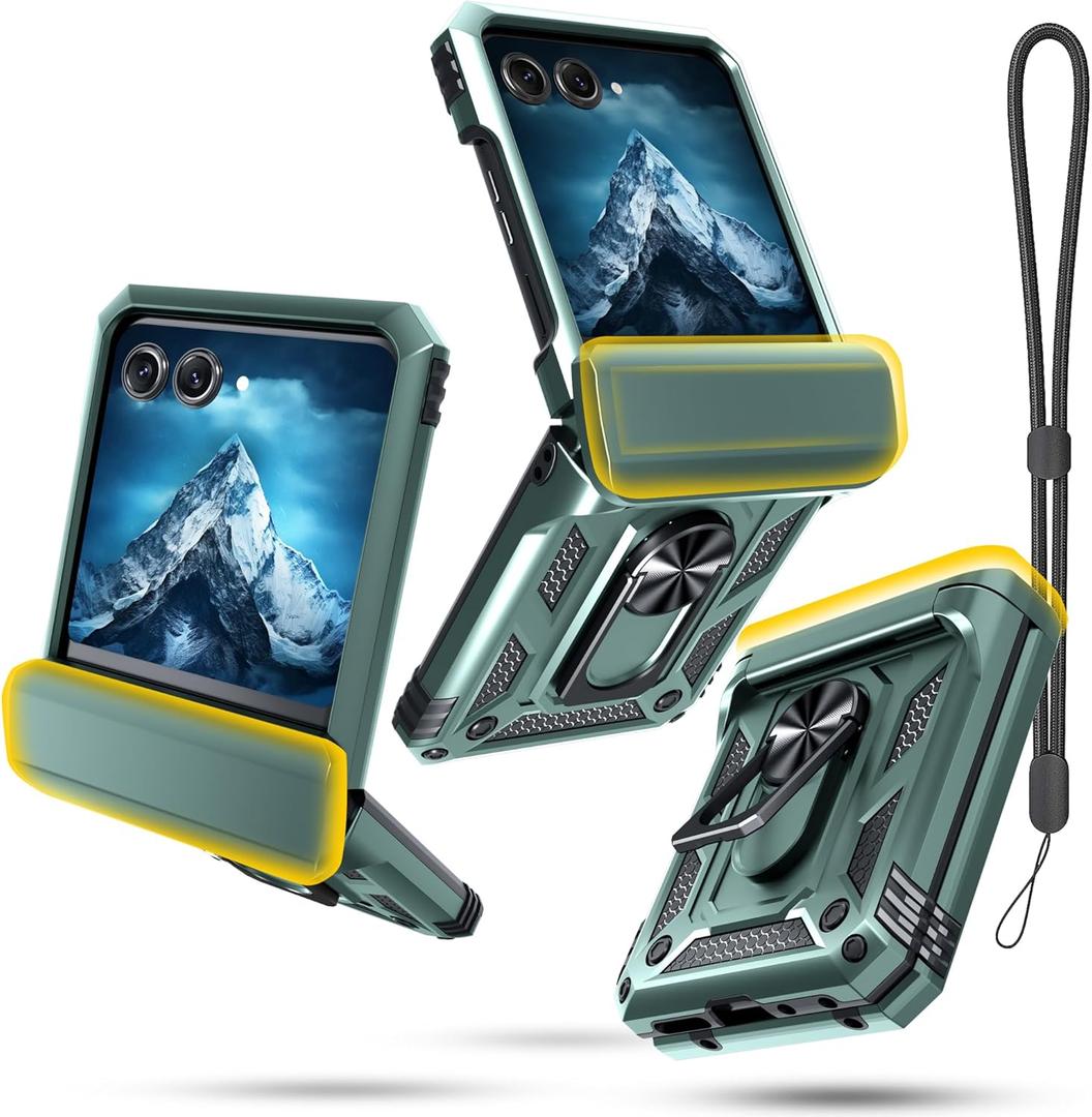 Janmitta compatible with Moto Razr 2024/2025 Case,Razr+ Plus 2024/2025 Case with Lanyard+Hinge Protection+Finger Ring Holder Kickstand,Dual-Layer Full Body Protective Shockproof Phone Cover,Dark Green