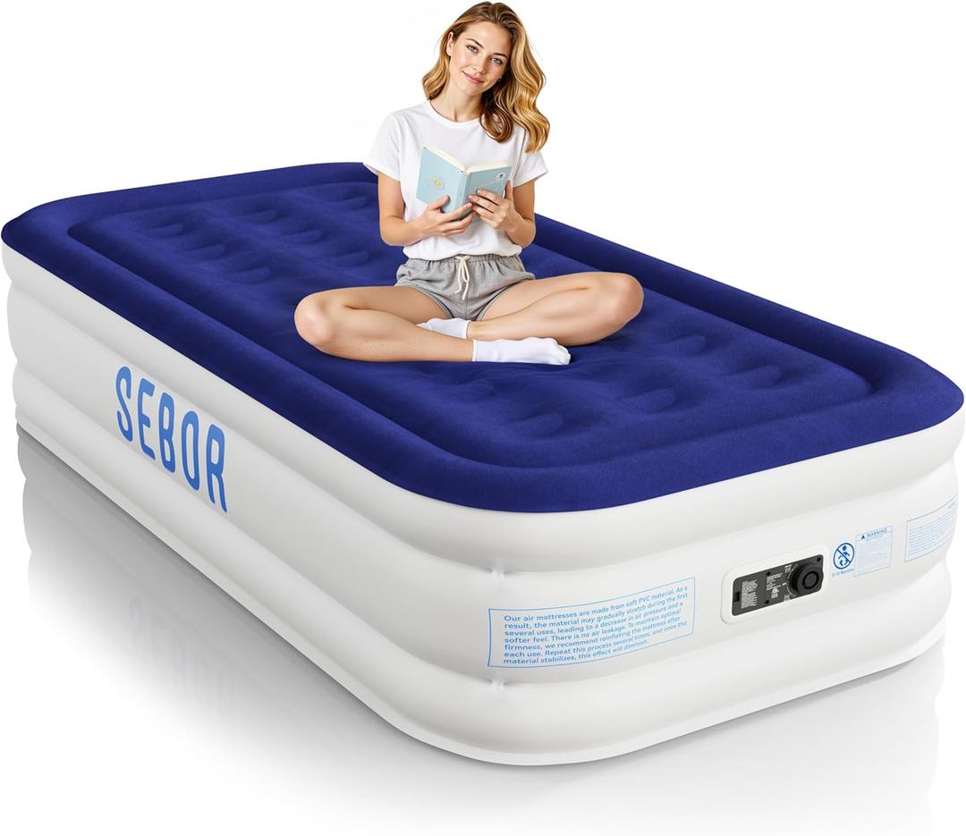 Sebor Air Mattress Twin with Built-in Pump 18", Comfortable Self-Inflating Air Mattress with High-Speed Pump, Durable Blow Up Mattress Twin with Storage Bag for Guests, Camping, Travel (Blue)