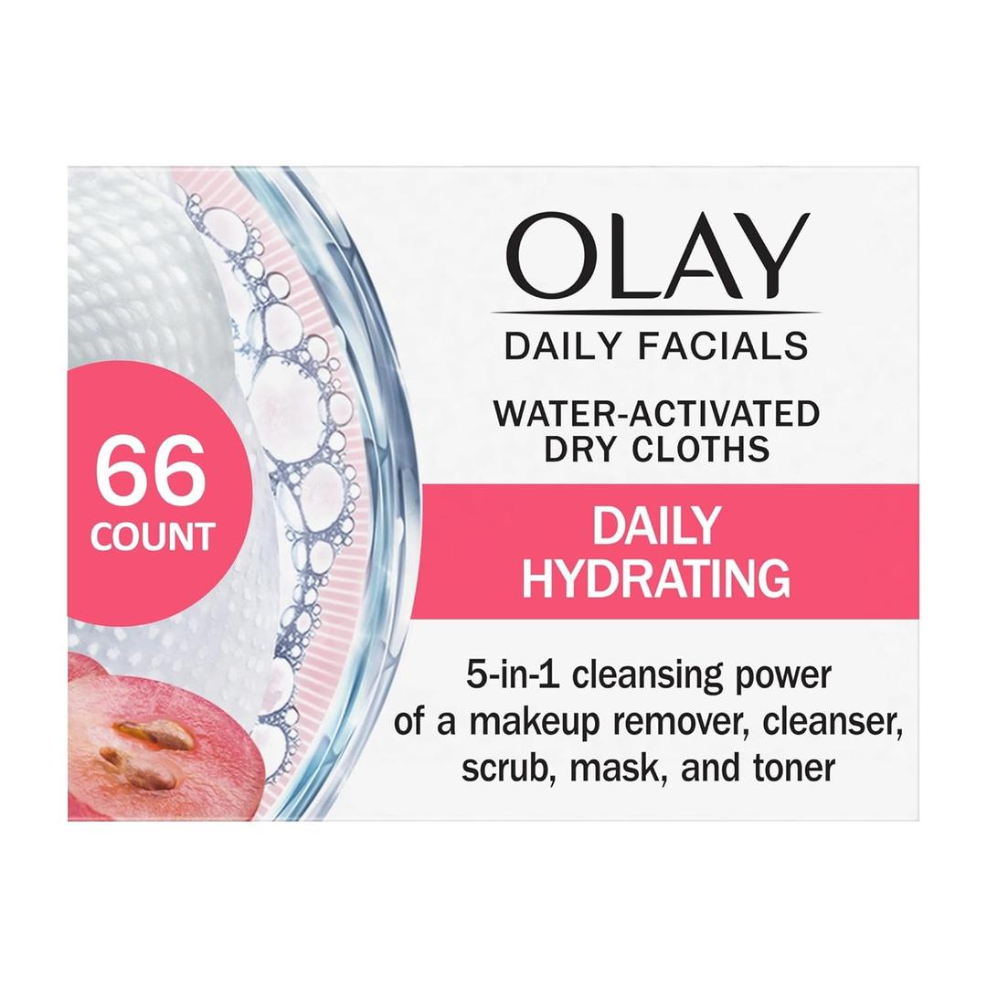Olay Makeup Remover Wipes, Daily Facials Hydrating Face Cleanser for Normal to Dry Skin, Alcohol & Fragrance Free, Soft Face Wash Towels, Travel Essentials for Women, Convenient Dry Cloths, 66 ct
