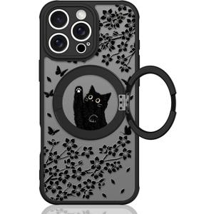 Heaofei Cute Case for iPhone 16 Pro Max Case with Stand [ Compatible with MagSafe ] Kawaii Black Cat & Floral & Butterflies Pattern Design 360 Magnetic Ring Kickstand Phone Cover for Women Girls Boys