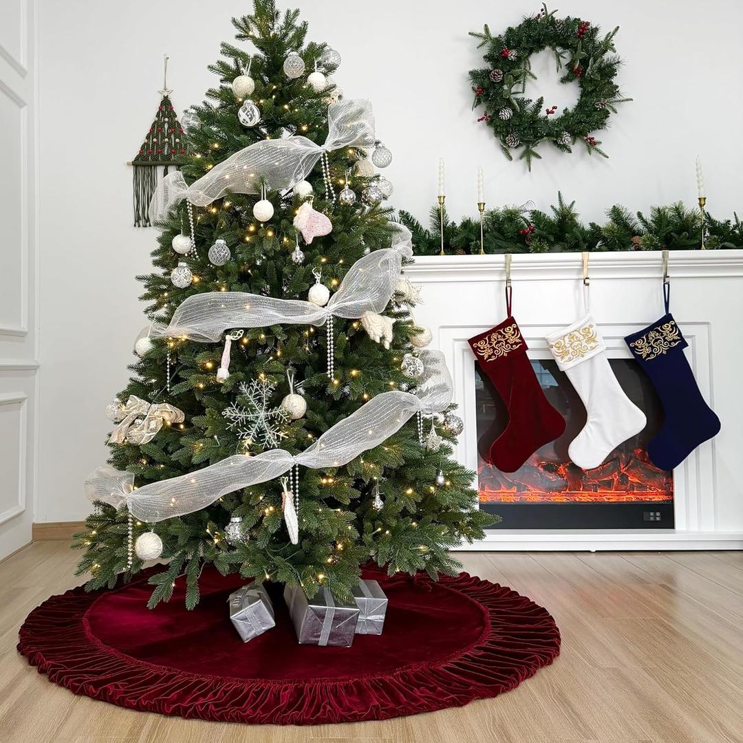 Tree Skirt & Stocking Set (60-Inch Ruffled Velvet Christmas Tree Skirt and Set of 3 Embroidered Velvet Stockings)