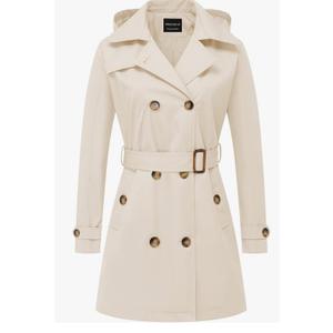 CREATMO US Women's Trench Coat Double-Breasted Classic Lapel Overcoat Belted Slim Outerwear Coat with Detachable Hood (L, White)
