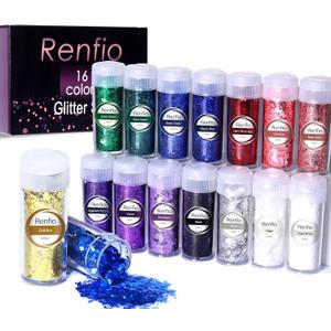 Renfio Chunky Glitter, 16 Colors Resin Glitter Set Each 10g/0.35oz PET Chunky Flakes Sequins Mix Fine Powder for Crafts, Resin Accessories, Snow Globe Tumbler Supplies, Nails