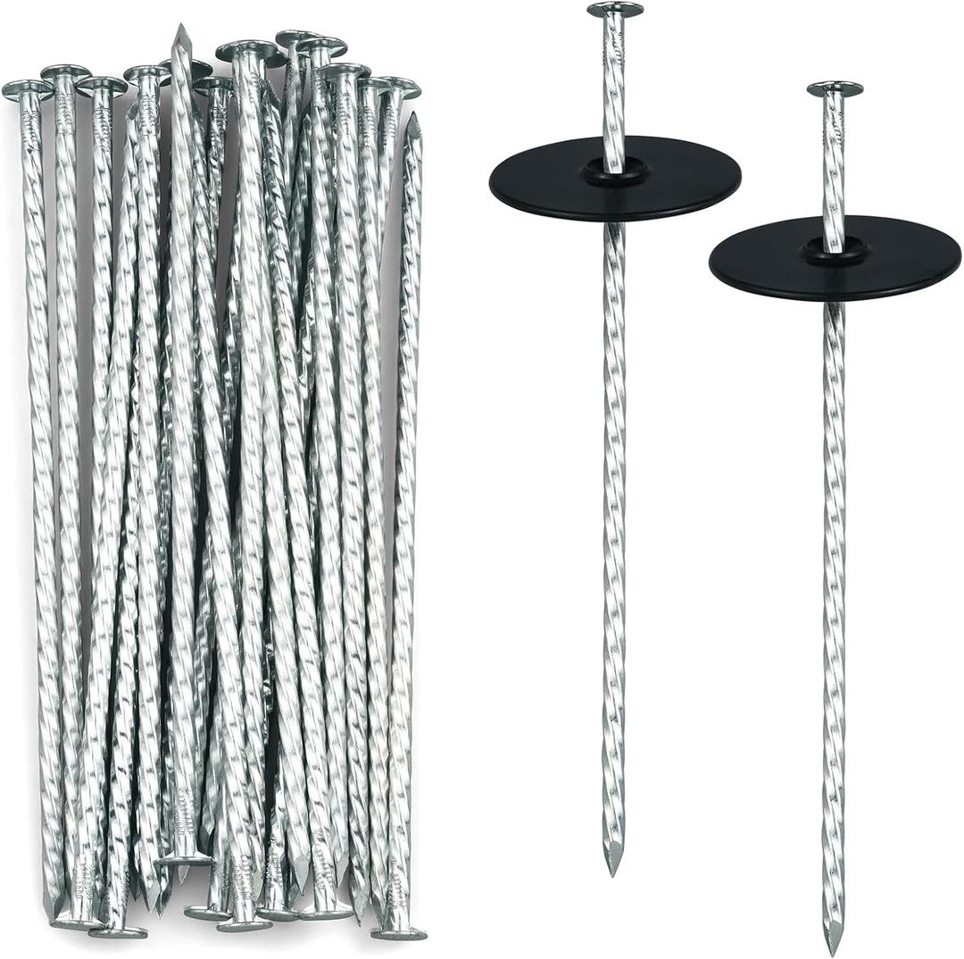 8 Inch Heavy Duty Landscape Stakes with Gasket Caps - 200 Sets Galvanized Spiral Garden Spikes Kit for Securing Weed Barrier Fabric, Artificial Turf, Tent and More