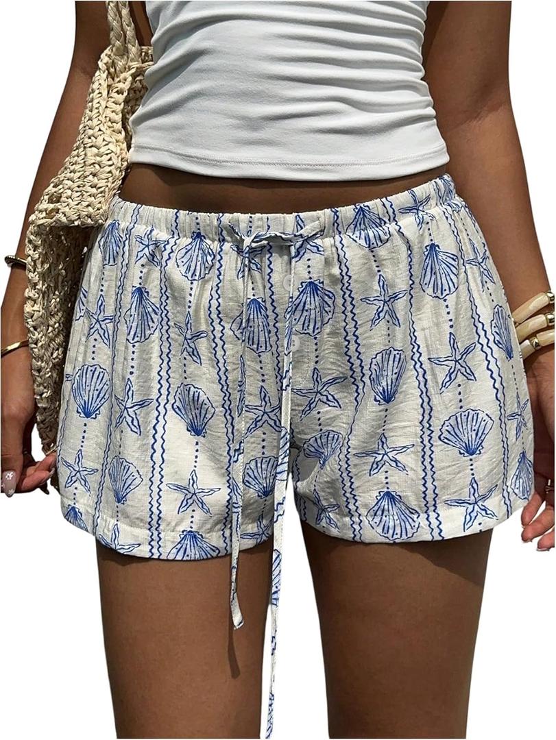 Women's Boho Beach Vacation Summer Mini Shorts Drawstring Waist Graphic Casual Lounge Shorts (Medium, Multicolor)