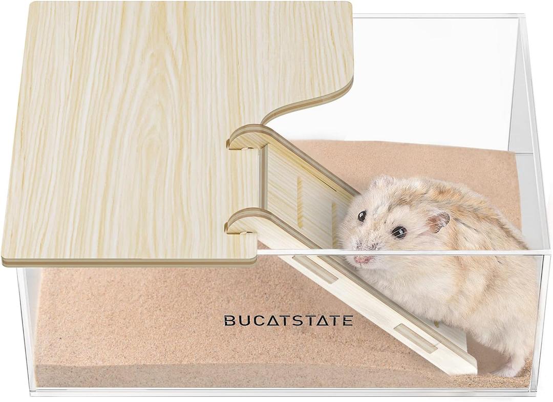 BUCATSTATE Hamster Sand Bath Container with Ladder - Acrylic Shower and Digging Room Litter Box for Mice Lemming Gerbils Small Animal (Rectangle Shaped)