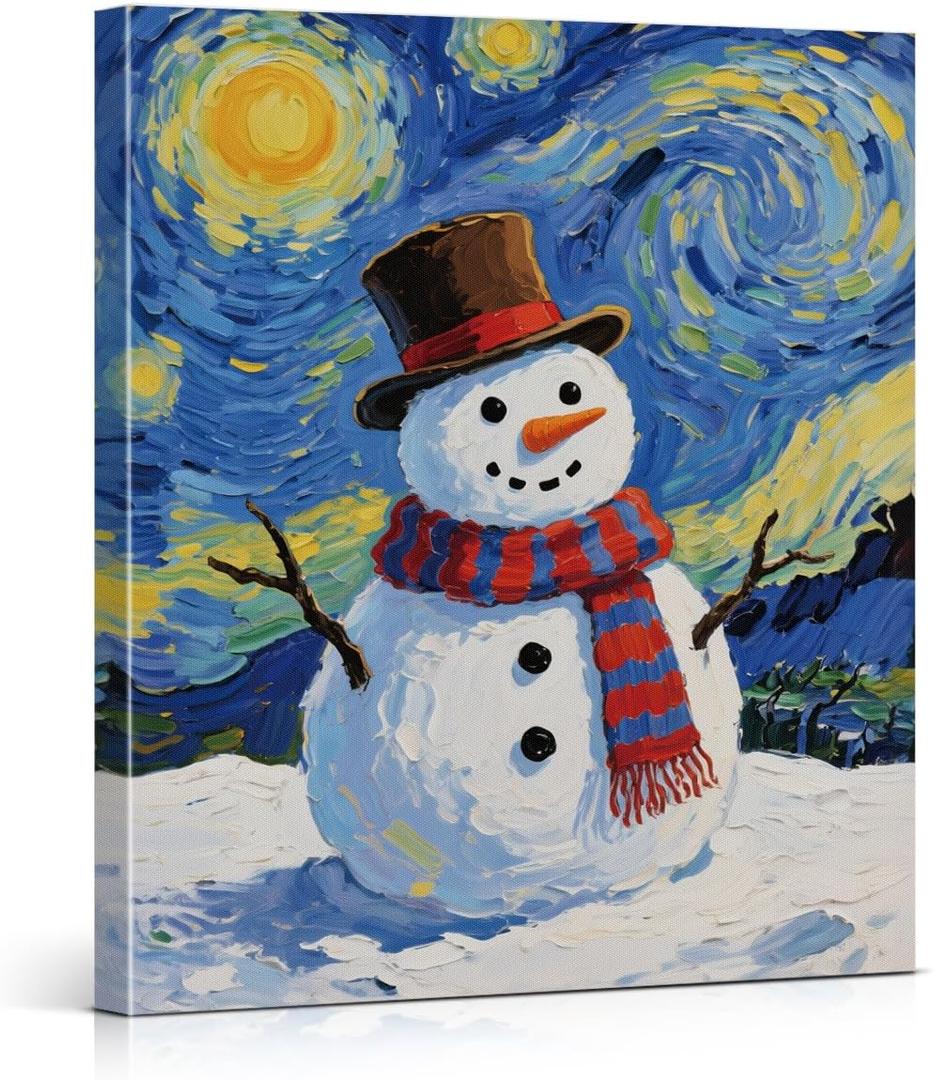 YJIKRTVT Snowman Christmas Canvas Wall Art, Holiday Snow Starry Sky Painting Artwork, Xmas Party Hanger Decor, Winter Snowman Painting Christmas Wall Decor for Living Room Bedroom 8x10 Inches