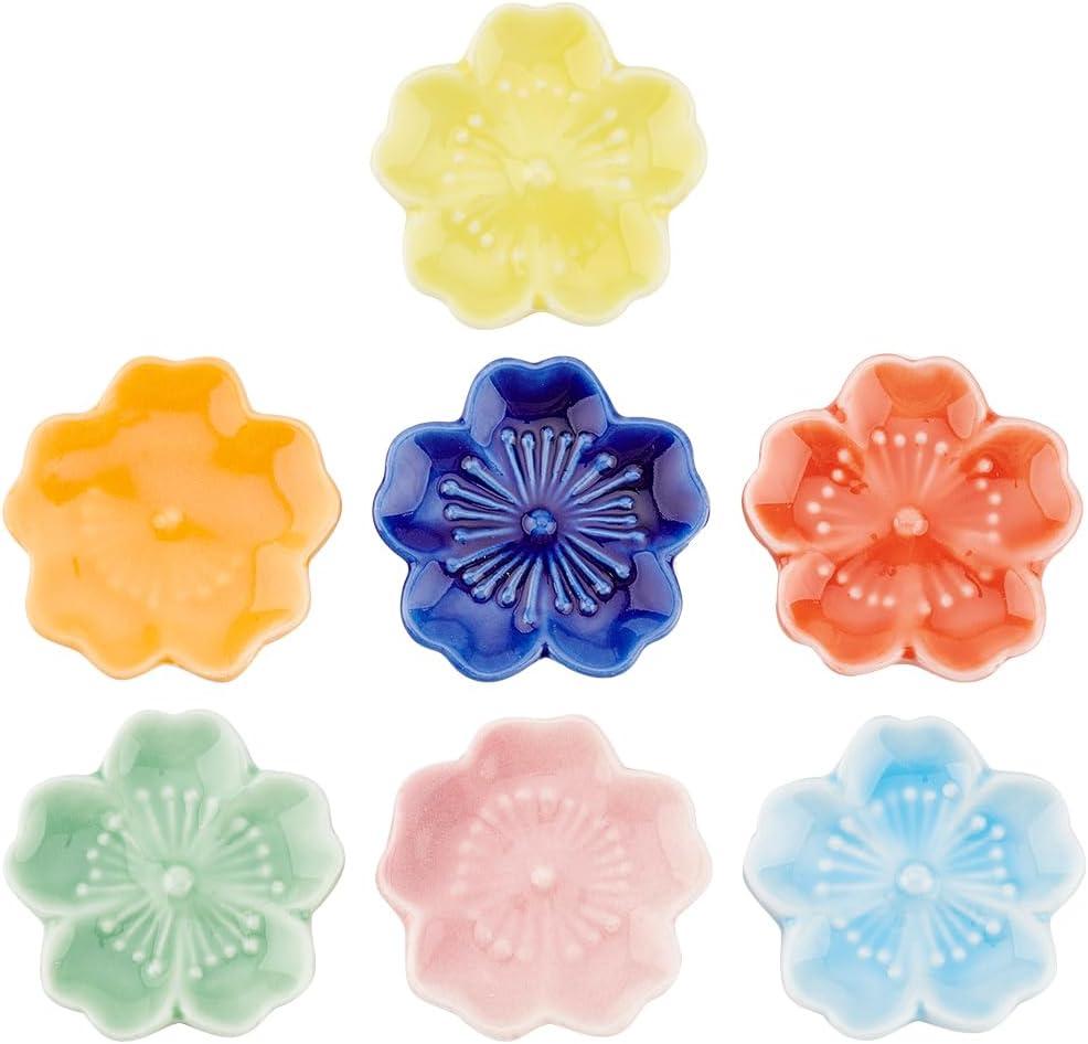 BENECREAT 7Pcs 7 Colors Cherry Blossom Porcelain Brush Holder Rest, Japanese Style Ceramic Paint Brush Pen Holders for Oriental Art Supply Painting Brushes, 1.8inch