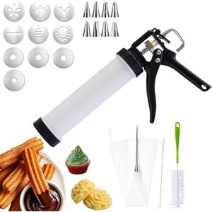 AlgoELF 3in1 Manual Spritz Cookie Press Gun Set, Churrera Churro Maker Machine, Large 2-Cup Capacity, 1 Piping Bag and Tip, 10 Churro and Cookie Discs, 8 Icing Nozzles, 2 Cleaning Brushes