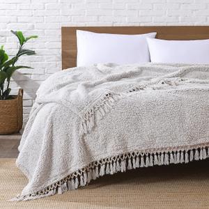Ultra Soft Fleece Sherpa Blanket King Size,Lightweight Cozy Boho Bed Blanket with Decorative Tassel, Pattern Reversible, 2 Tones Ombre Light Brown,104”x90”, Light Brown With Tassel, King-104" x 90"