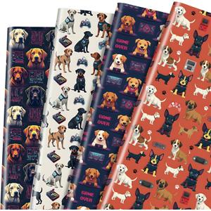 12 Sheets Dog Gaming Wrapping Papers, Puppy Video Game Design Gift Wrap Papers, Gamepad Console Gift Packing Paper Art Paper for Birthday Game Party Decor Game Pet Lover Boys Girls, 28 x 20IN
