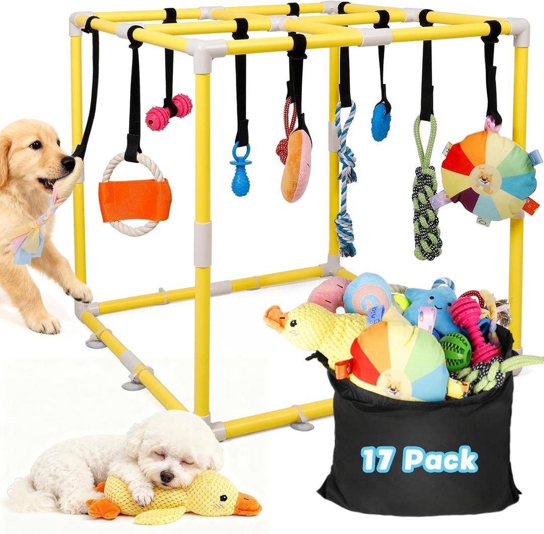 Jungle Puppy Play Gym with 17 Dog Toys, PVC Frame Activity Center for Small Dogs and Puppies, 12 Hanging & 5 Interactive Enrichment Toys, Stuffed, Teething & Squeaky Toy, Puppy Gift