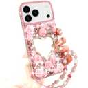 for iPhone 17 Pro Max Glitter Bling Case,Cute 3D Sparkle Heart Makeup Mirror Crystal Rhinestones Flowers Diamond Gems with Lanyard Wrist Strap Women Girls Case for iPhone 17 Pro Max 6.9",Pink