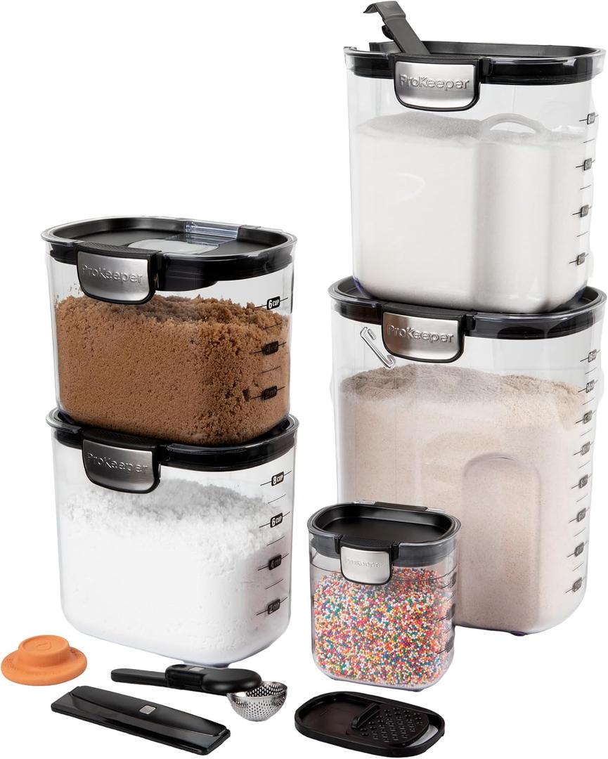 ProKeeper+ Airtight Food Storage Container Set Clear Plastic Flour and Sugar Canister Set with Magnetic Accessories for Kitchen Organization (Black, 9-Piece)
