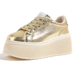 LUCKY STEP Women's Platform Fashion Sneakers Classic Wedge Canvas Casual Low Top Retro Walking Shoes(Gold, 7 US)