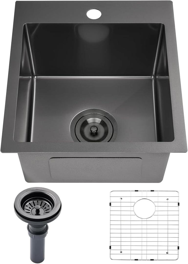 15x17 Inch Black Bar Sink Drop In Kitchen Sink, Topmount Stainless Steel Square Small Sinks, Single Bowl Kitchen Sinks for Laundry Wet Bar Prep RV Office Outdoor Yard with Grid & Drain